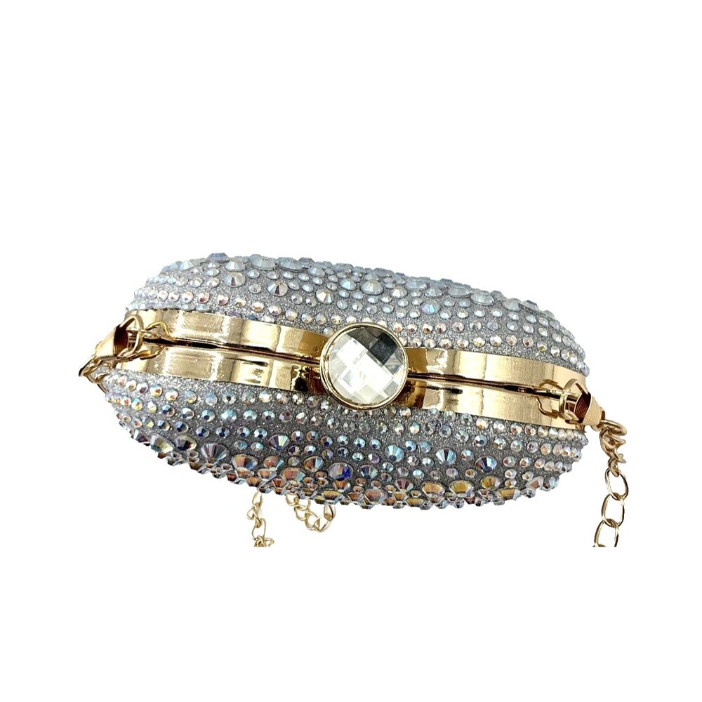 Silver Crystal Heart Clutch Bag Gold Handle Formal Evening Cocktail Purse NEW - Picture 8 of 9